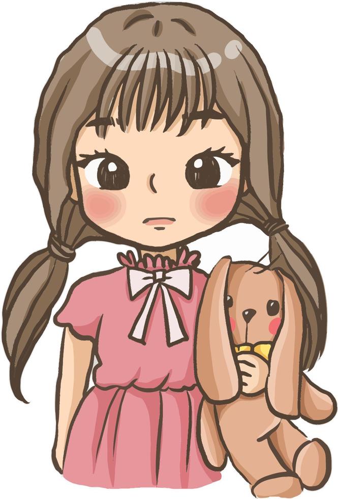garota de desenho animado segurando uma boneca fofa kawaii manga
